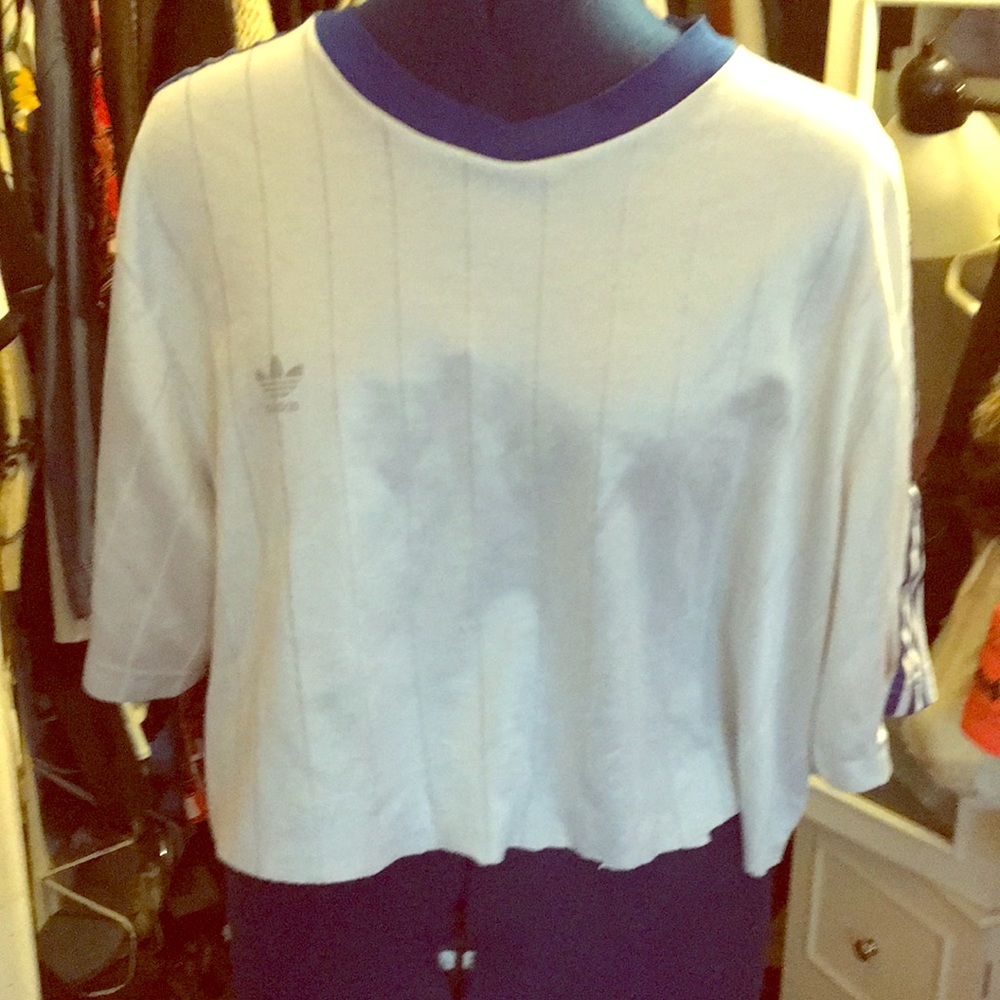 Adidas white and blue retro treefoil crop top